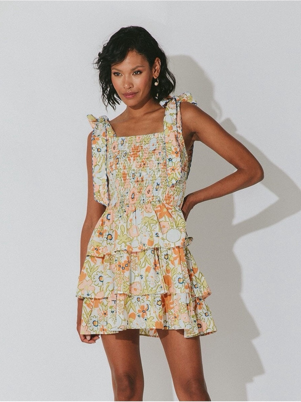 Nwot Cleobella Floral Ruffled Smocked Mini Dress in Peach, Cream & Blue